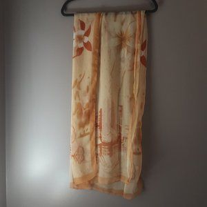 100% Silk Oblong Scarf Floral Yellow Gold Cream